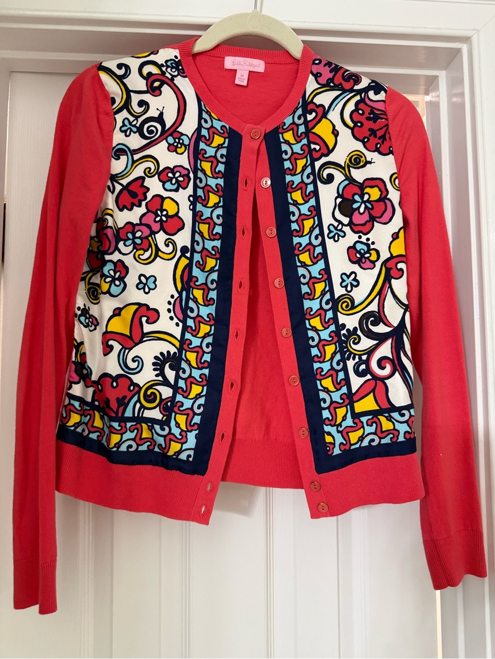 Lilly Pulitzer Coral Multi Floral-Print Cardigan Sweater, Size XS